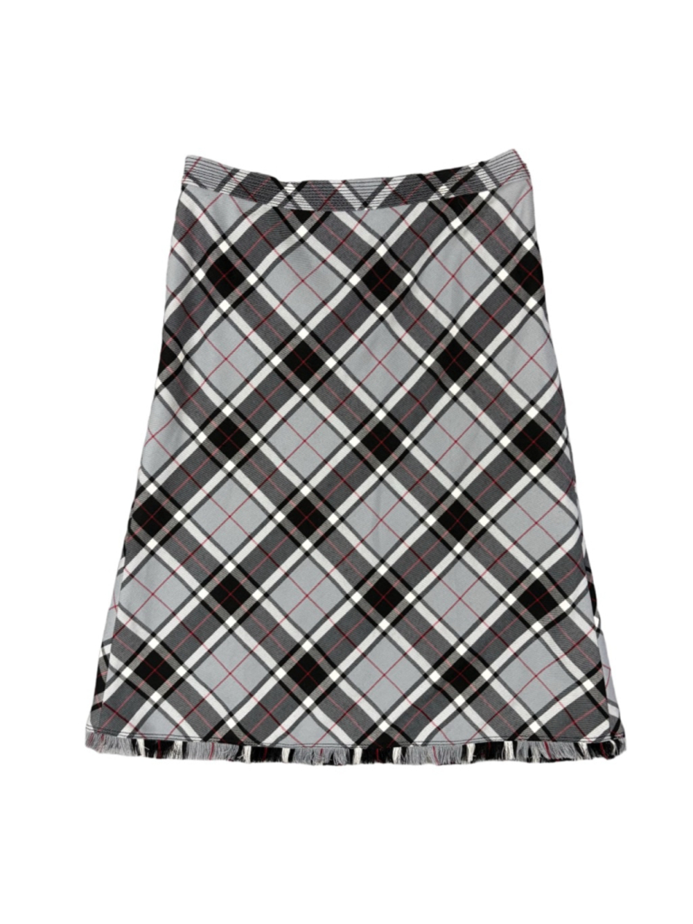 Liz Claiborne Plaid Fringe Hem Midi Skirt Gray Black Red Grunge Womens Size 6